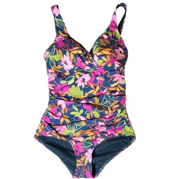 Seekers Australia Fuchsia Blooms Bella Tropical Print One Piece Swimsuit Size 10 - Picture 2 of 13